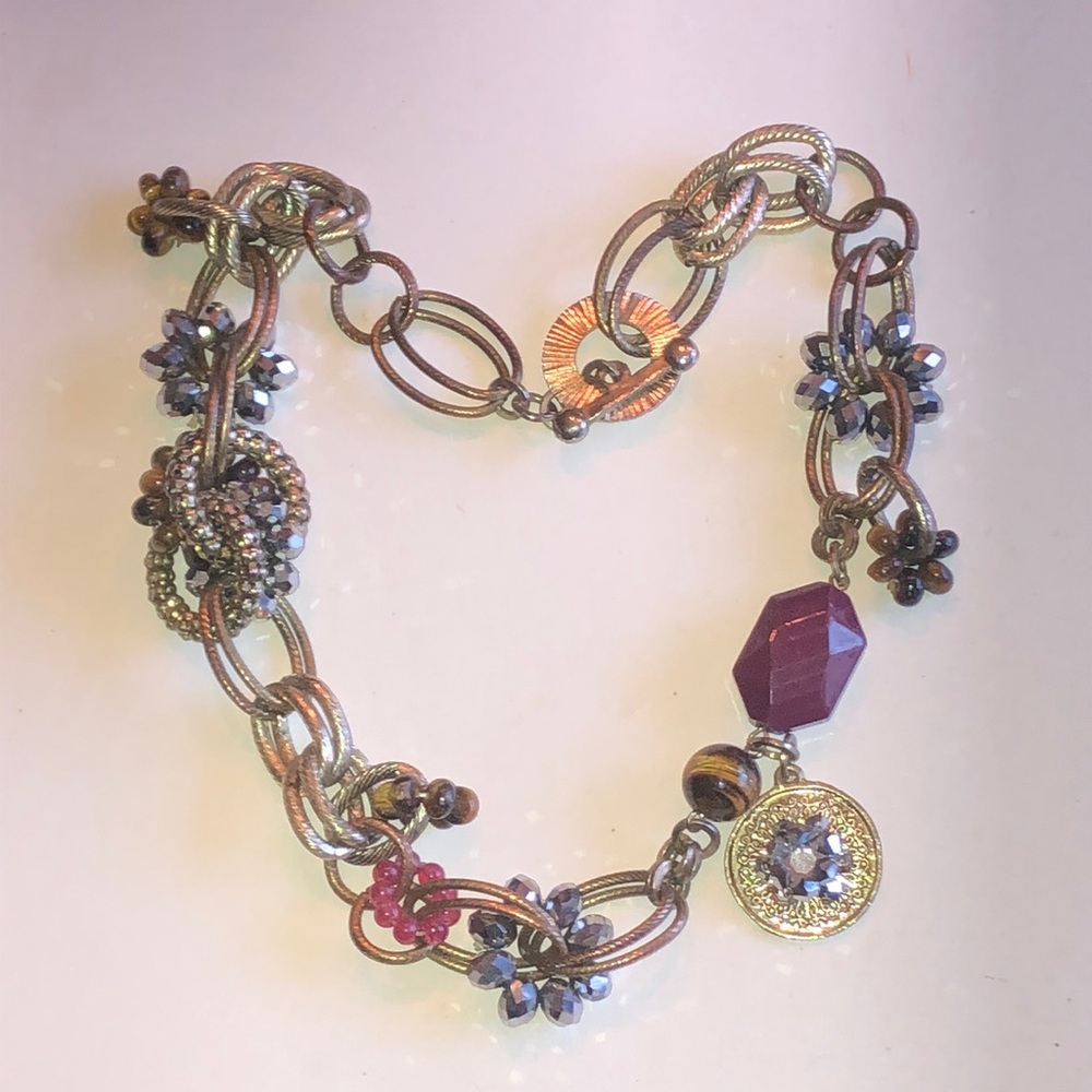 Aged Metal Tone Multi-Accent Necklace with Purple and Tigers Eye Beads